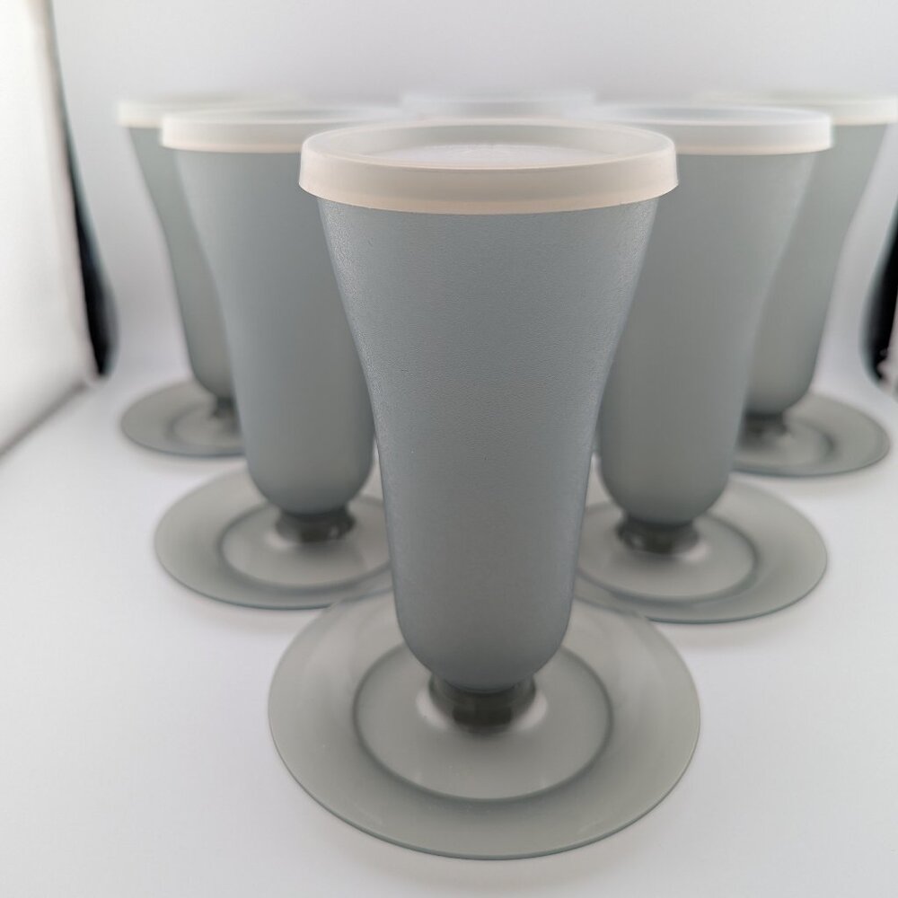 Set of 6 Vintage Tupperware Sundae Goblets – Smoky Grey with Lids